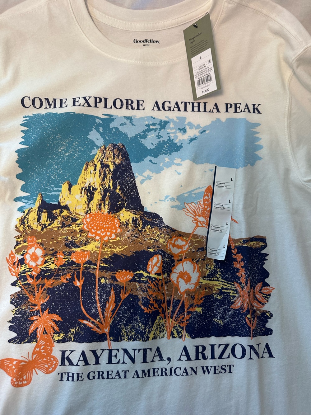 Goodfellow & Co Cream Kayenta Arizona Graphic Tee with Blue & Orange Print
